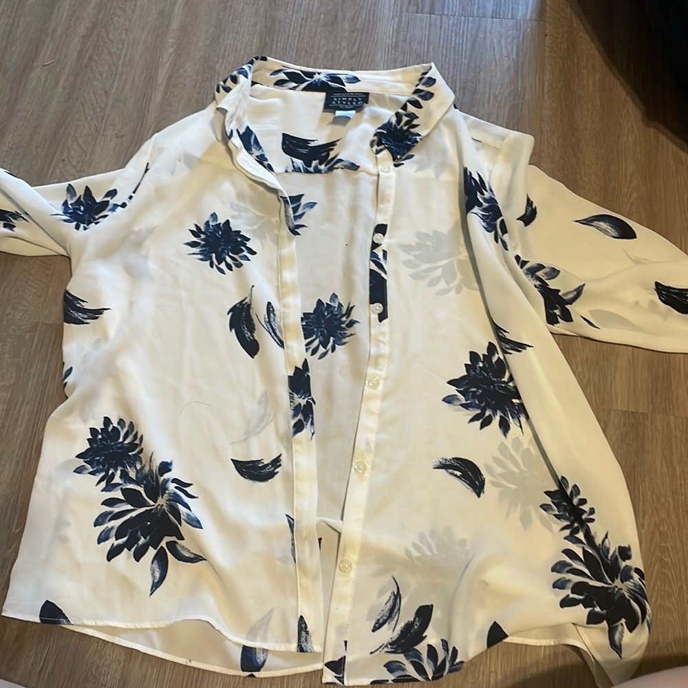 Blue flowers white button down shirt
